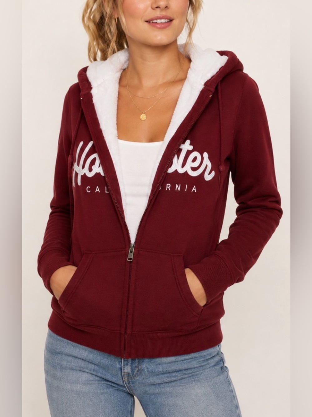 VTG Hollister Maroon Faux Fur Lined Full Zip Hoodie Y2K Bella Swan Size XS EUC